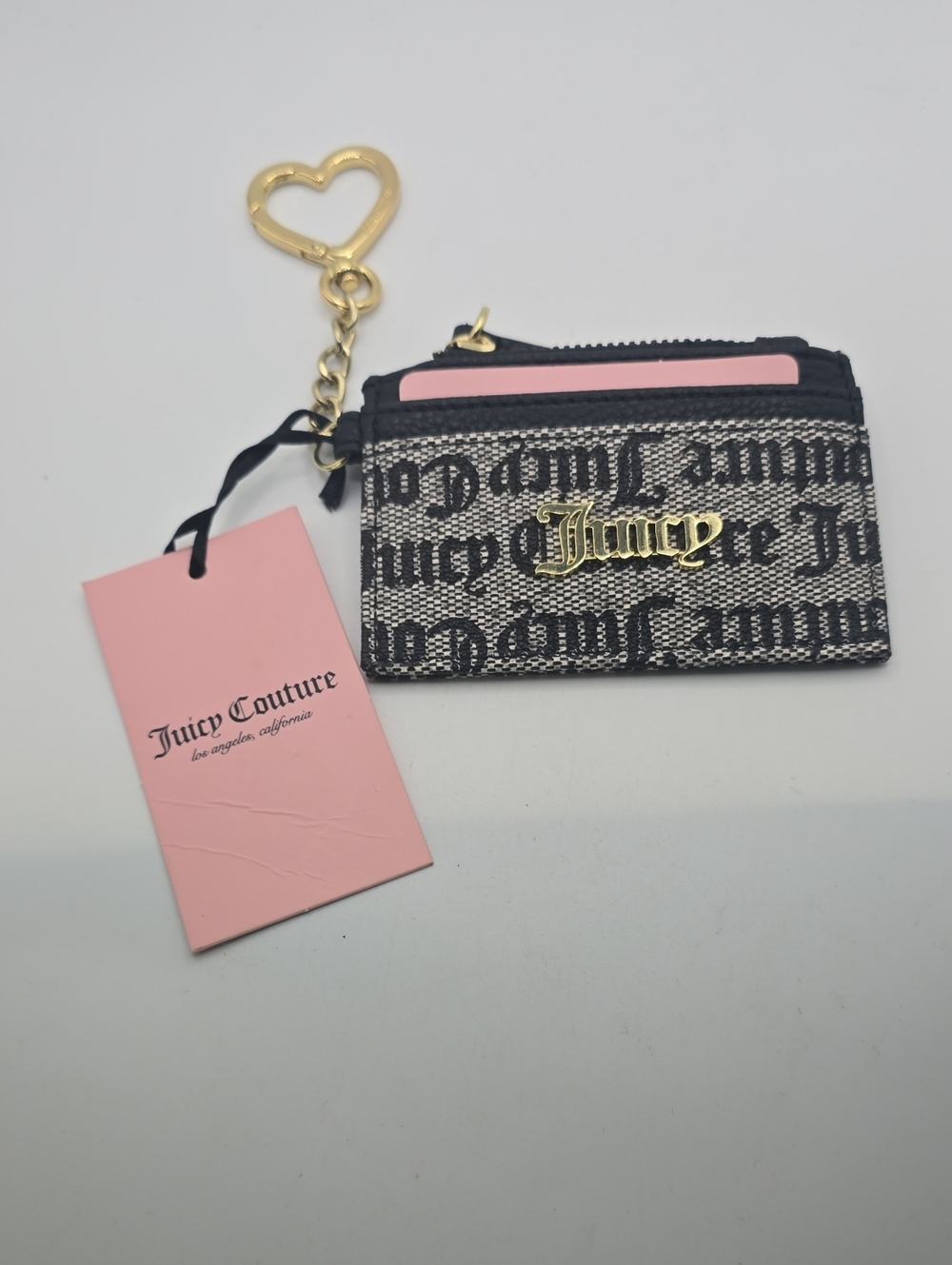 Juicy Couture Black & Grey Logo Card Holder with Gold Heart Keyring